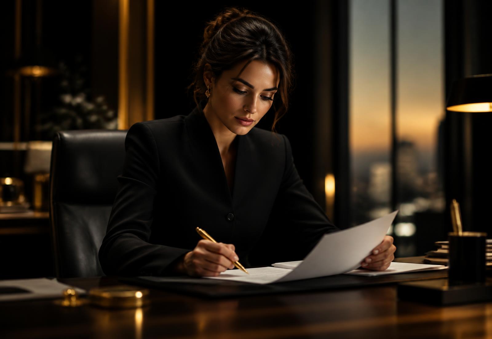 Administrative professional reviewing printed participation documentation at an executive desk