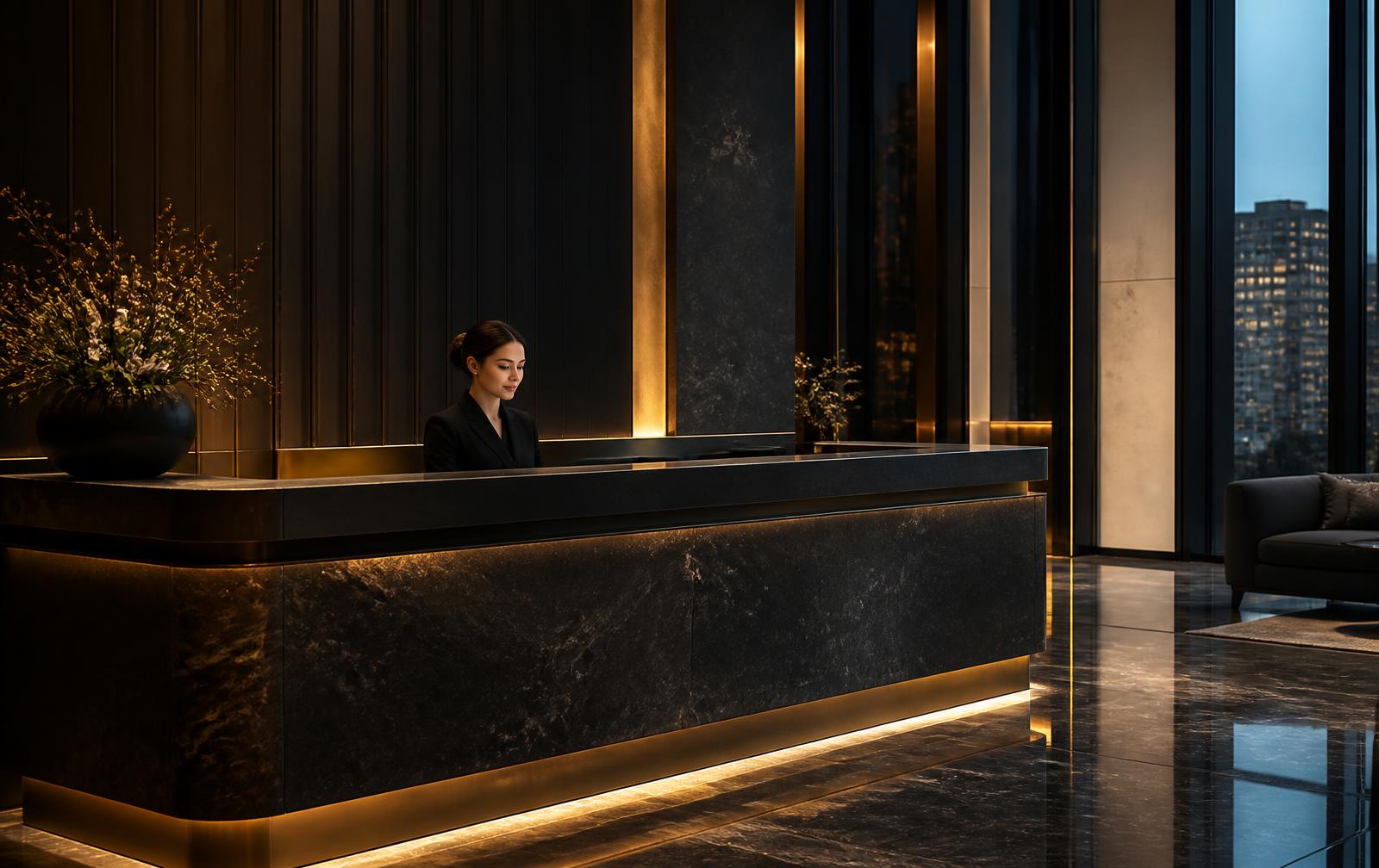 Reception desk of a refined London office with an administrator ready to receive enquiries