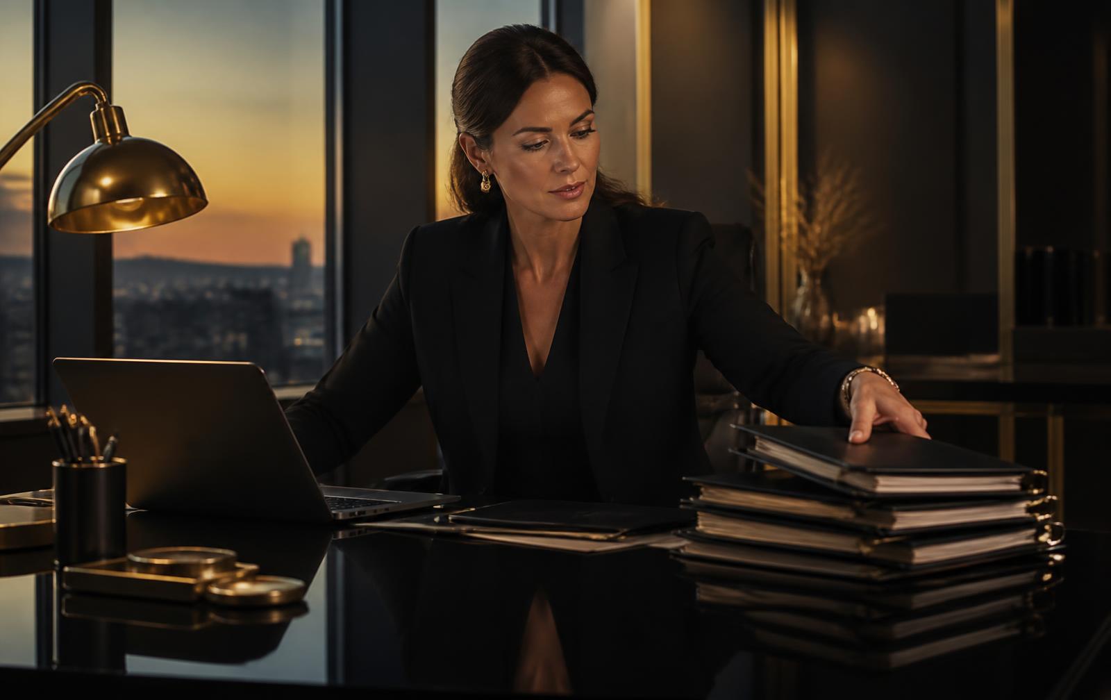 Administrator organising client-supplied participant records at a dark glass desk