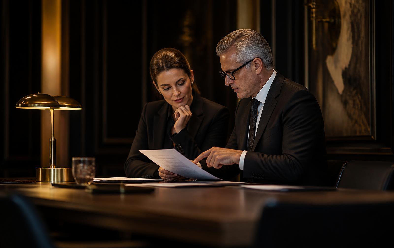 Two administrators reviewing printed participation documentation at a walnut boardroom table
